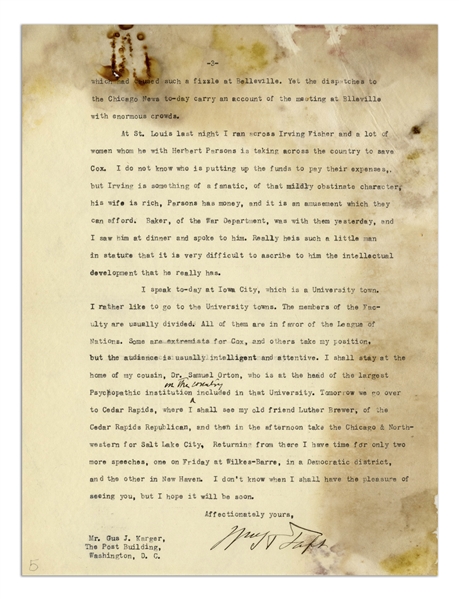 William Taft Hand-Edited Letter Signed in 1920 on the Eve of the Presidential Election -- ''the whole Republican ticket is certain to be elected...voters are only waiting for the second of November''